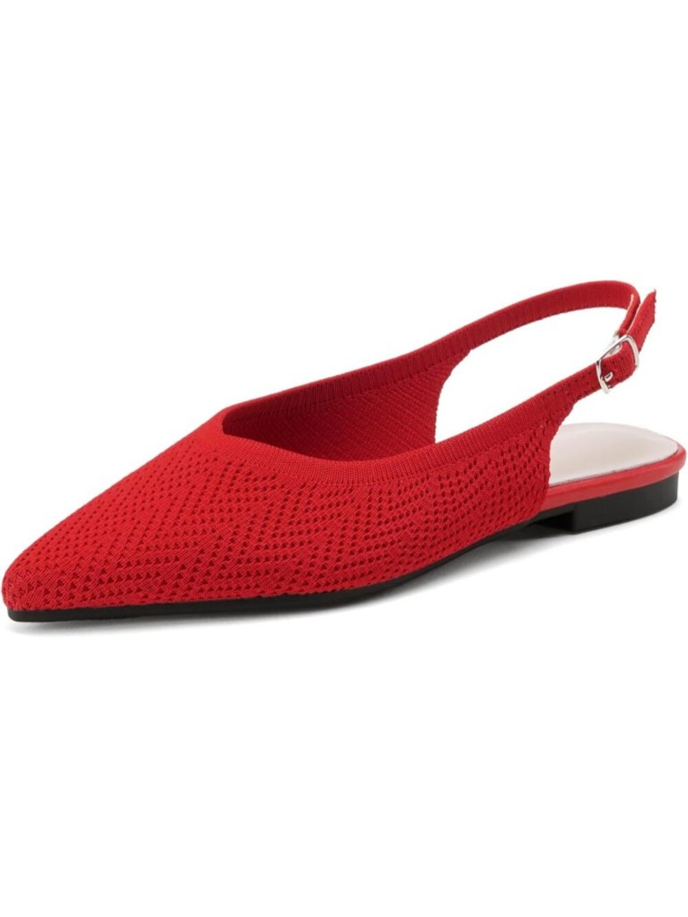 Women's Red Knit Ballet Flats Pointed Toe Buckle Strap Slip On Party Dress Shoes